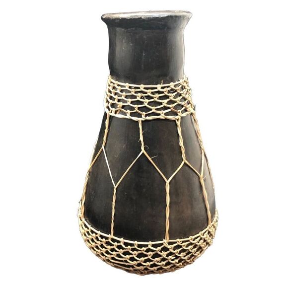 Vintage Mid Century Wooden Vase With Basketry Weave Overlay - Picture 5 of 10